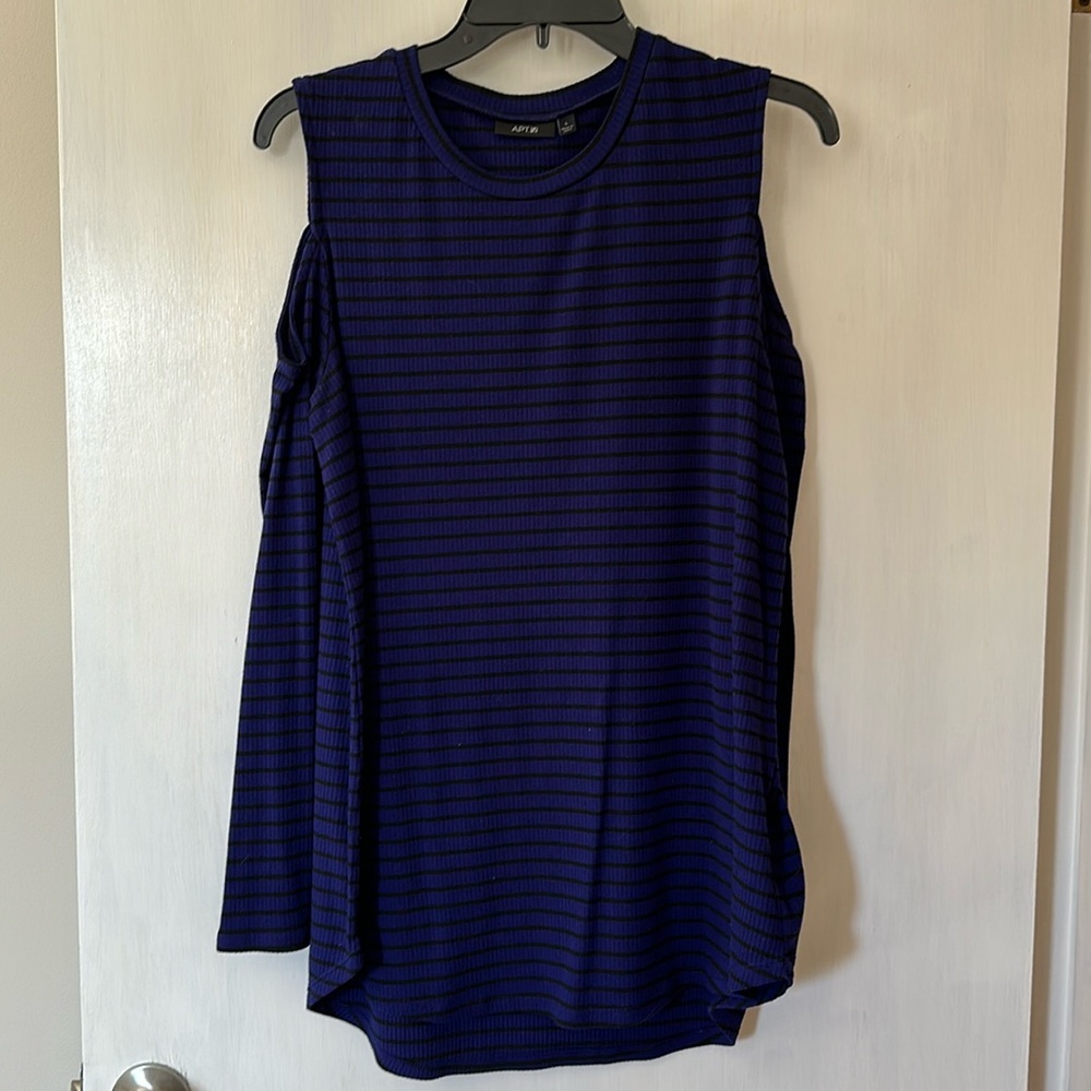 Blue and Black Stripped Long Sleeve Cold Shoulder Top